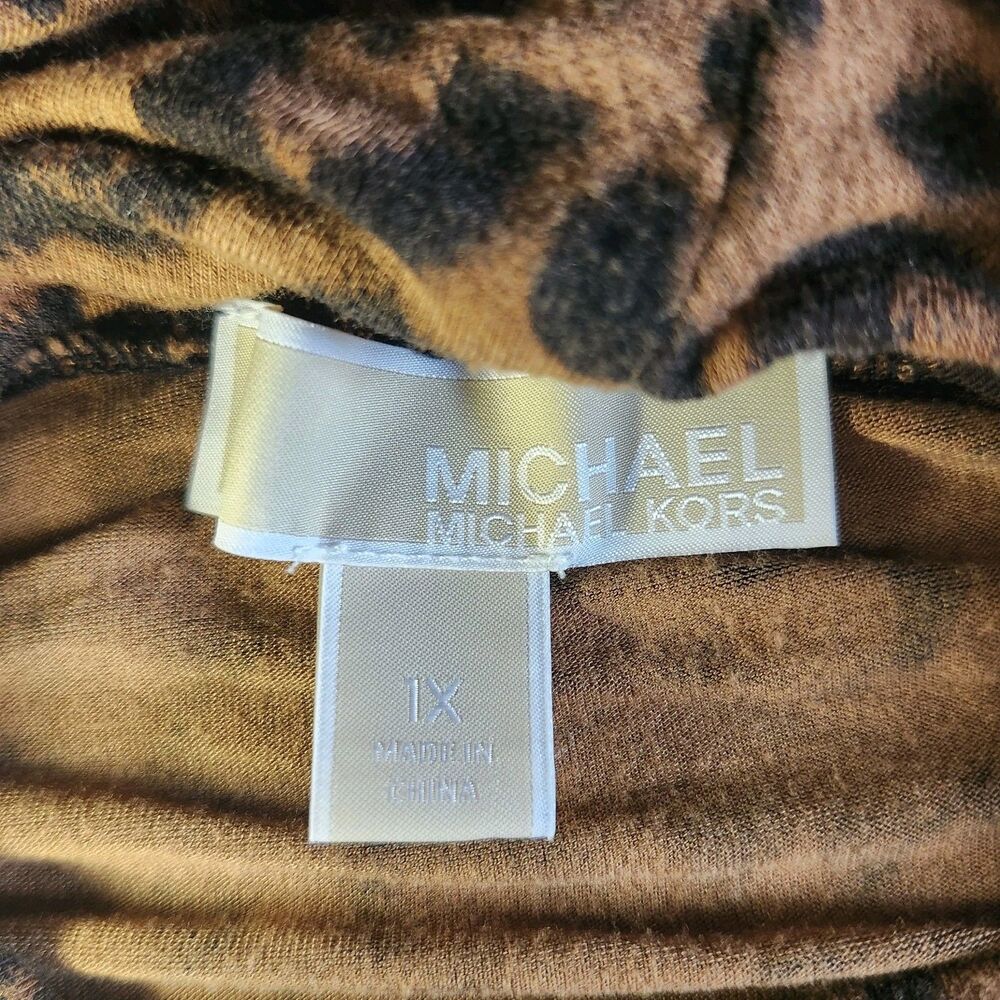 Michael Kors Leopard Print Mock Neck Top Womens 1X Stretch Short Sleeve - Picture 5 of 8